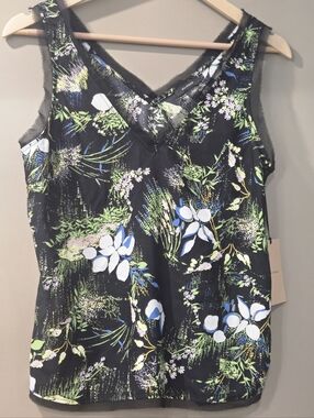 Halogen Black Floral V-Neck Tank with Blue, Green & White Accents